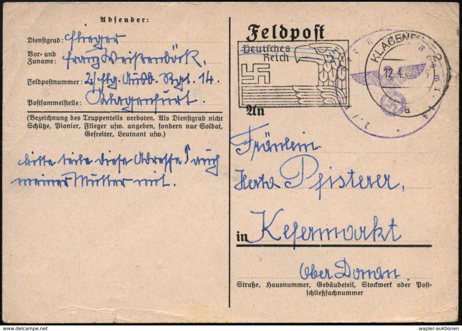 GESCHICHTE ÖSTERREICH 1938-45 / "OSTMARK" : KLAGENFURT 2/ A/ Deutsches/ Reich 1940 (12.4.) Schwarzer PFS Adler/Hakenkreu - Sonstige & Ohne Zuordnung