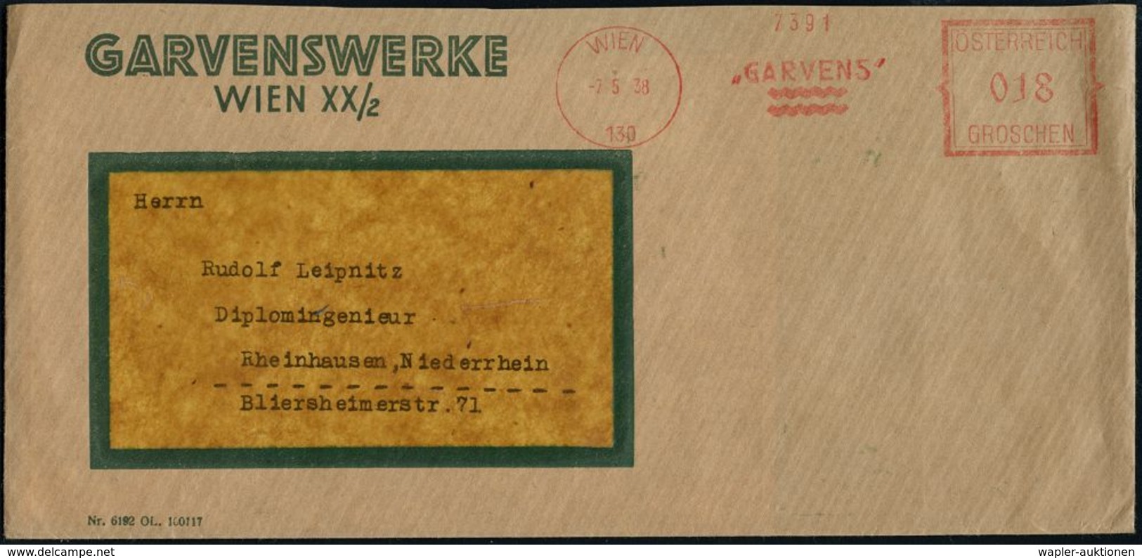 GESCHICHTE ÖSTERREICH 1938-45 / "OSTMARK" : WIEN/ 130/ "GARVENS" 1938 (7.5.) österre. AFS 018 Groschen Weiterverwendet N - Other & Unclassified