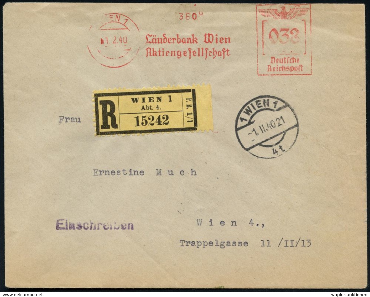 GESCHICHTE ÖSTERREICH 1938-45 / "OSTMARK" : WIEN 1/ Länderbank Wien/ AG 1940 (1.2.) Ehem. österr. AFS 038 Pf. Mit österr - Other & Unclassified