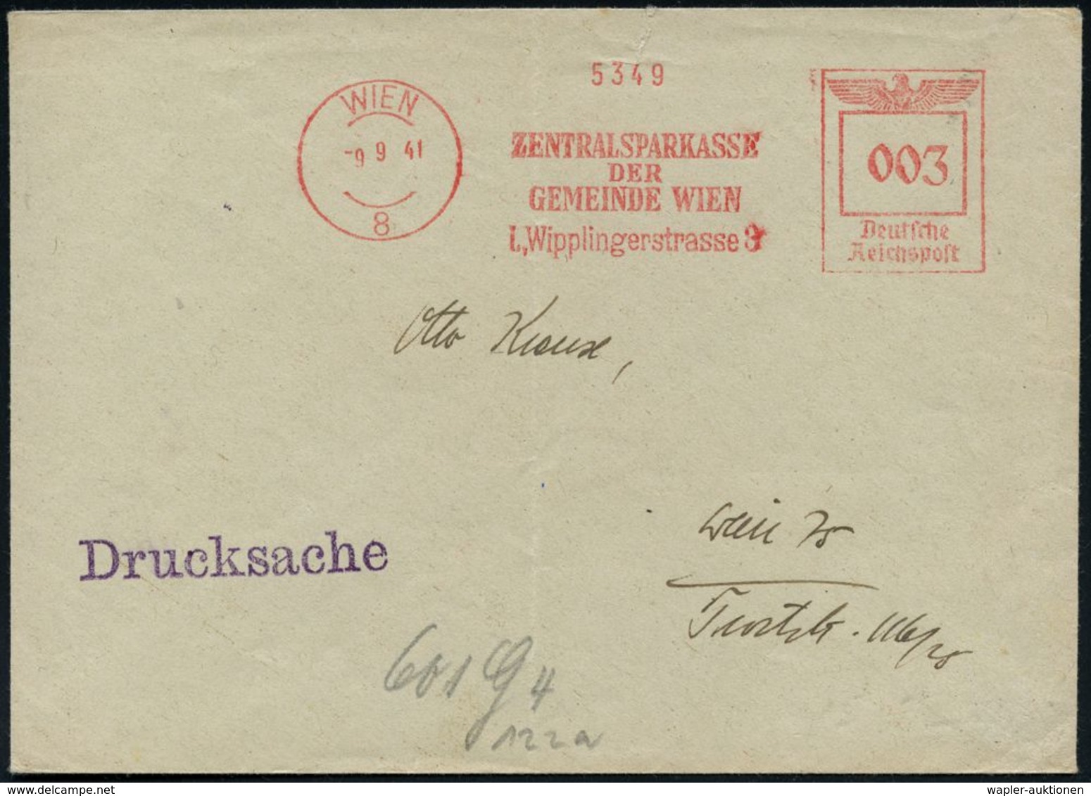 GESCHICHTE ÖSTERREICH 1938-45 / "OSTMARK" : WIEN/ 8/ ZENTRALSPARKASSE/ DER/ GEMEINDE WIEN.. 1941 (23.7.) Aptierter, Ehem - Sonstige & Ohne Zuordnung