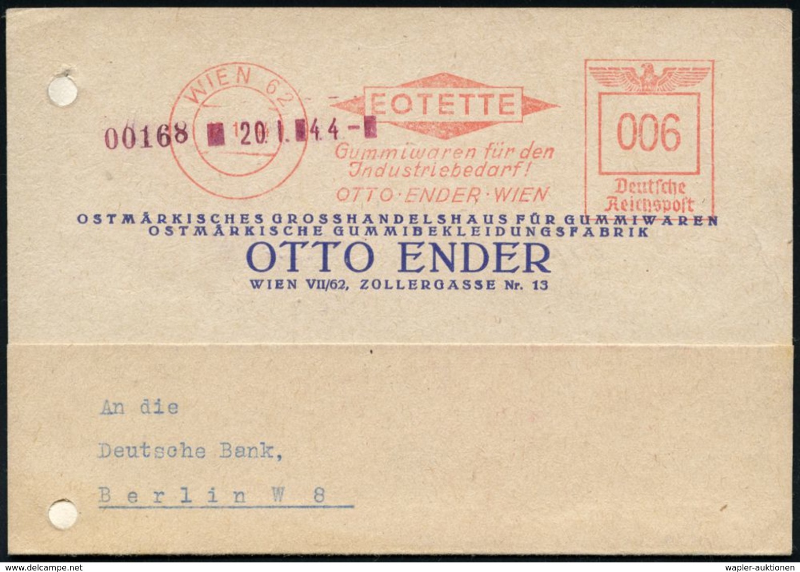 GESCHICHTE ÖSTERREICH 1938-45 / "OSTMARK" : WIEN 62/ EOTETTE/ Gummiwaren Für Den/ Jndustriebedarf/ OTTO ENDER WIEN 1941  - Other & Unclassified