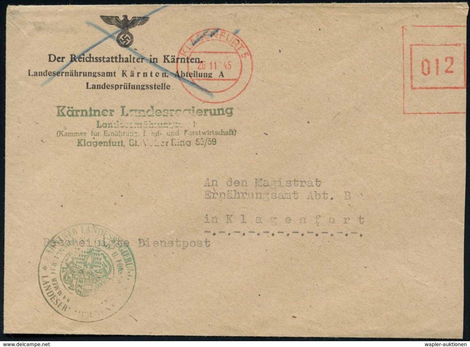 GESCHICHTE ÖSTERREICH 1938-45 / "OSTMARK" : ÖSTERREICH 1945 (25.11.) Aptierter "Ostmark"-AFS: KLAGENFURT 5 = Reichsadler - Other & Unclassified