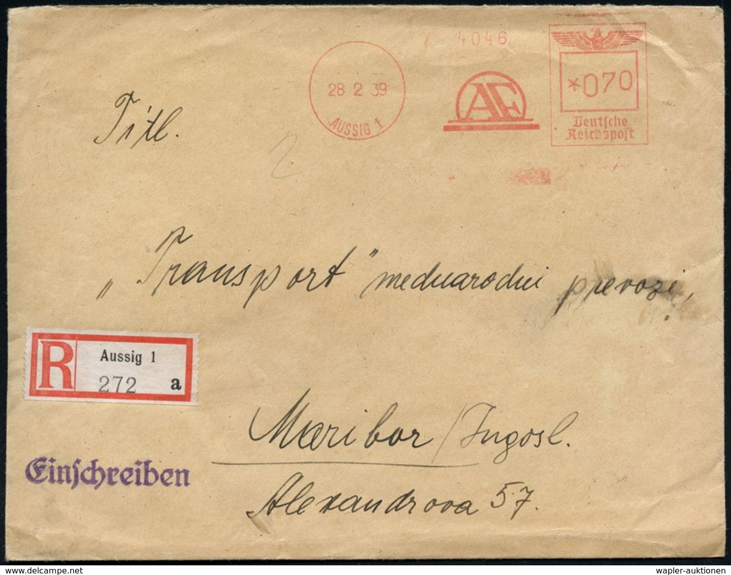 SUDETEN-KRISE & SUDETEN- & C.S.R.-BESETZUNG 1938-39 : AUSSIG 1/ A F 1941 (6.11.) Aptierter, Tschechischer AFS 070 Pf. =  - Other & Unclassified