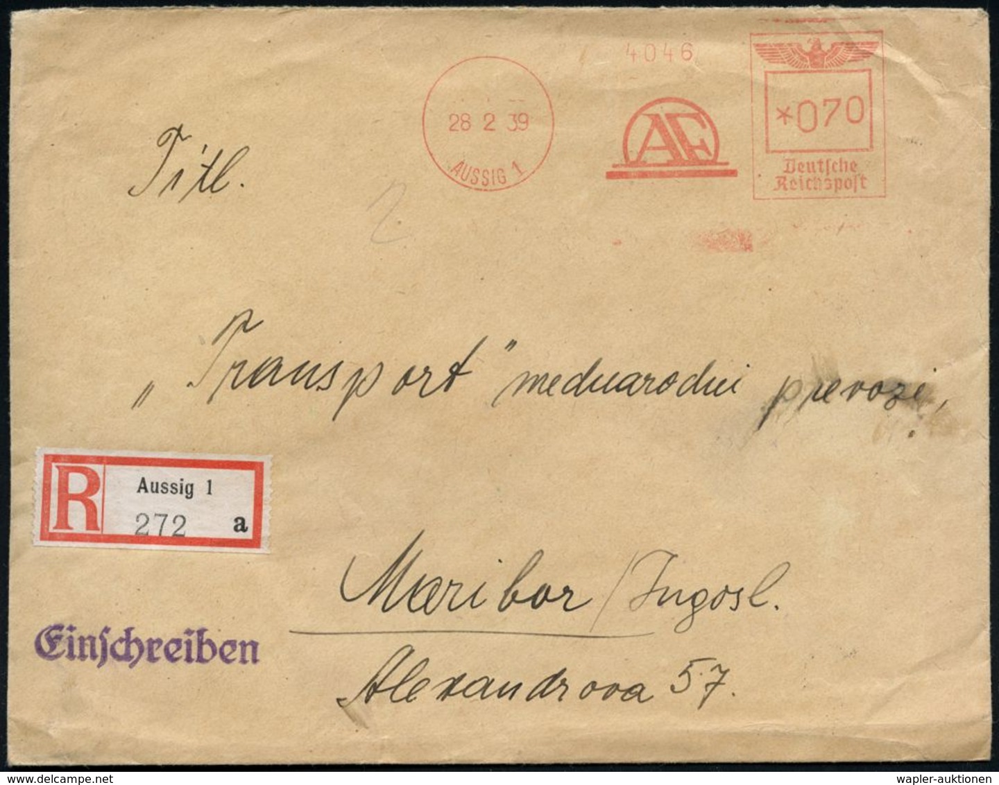 SUDETEN-KRISE & SUDETEN- & C.S.R.-BESETZUNG 1938-39 : AUSSIG 1/ A F 1941 (6.11.) Aptierter, Tschechischer AFS 070 Pf. =  - Autres & Non Classés