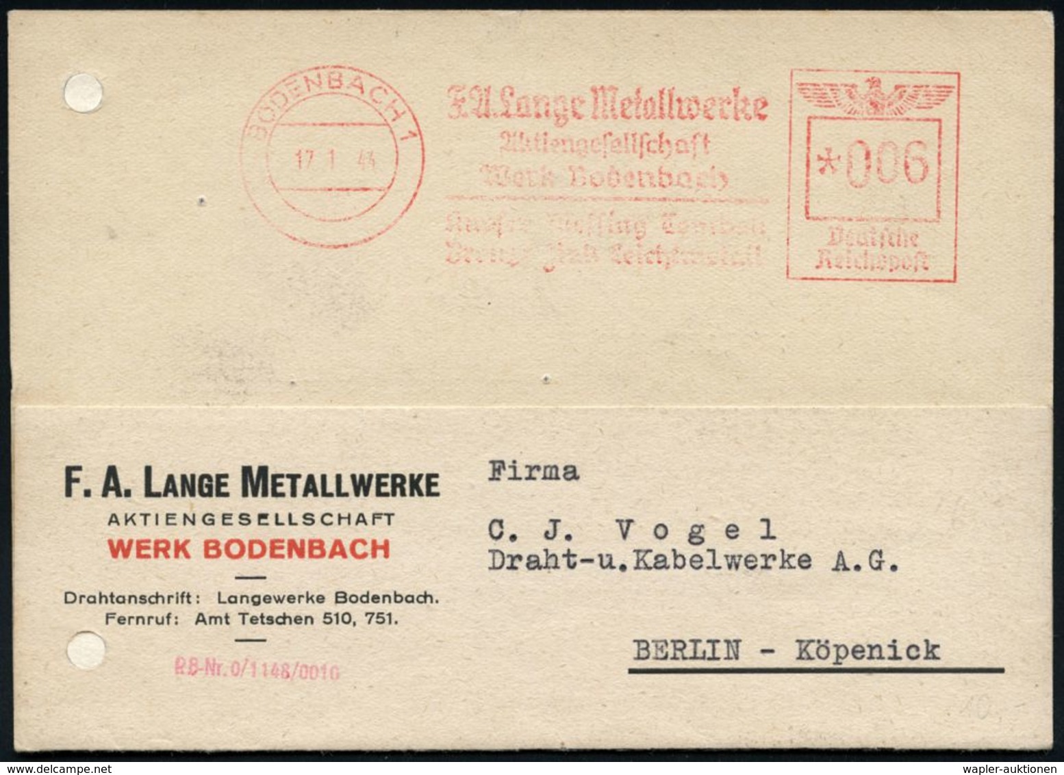 SUDETEN-KRISE & SUDETEN- & C.S.R.-BESETZUNG 1938-39 : BODENBACH 1/ F.A.Lange Metallwerke/ AG.. 1944 (17.1.) Seltener, Eh - Sonstige & Ohne Zuordnung