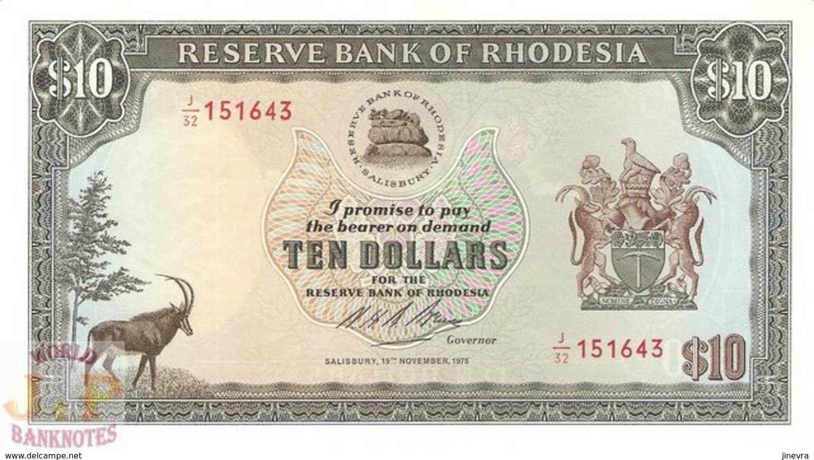 RHODESIA 10 DOLLARS 1975 PICK 33b UNC - Rhodesia