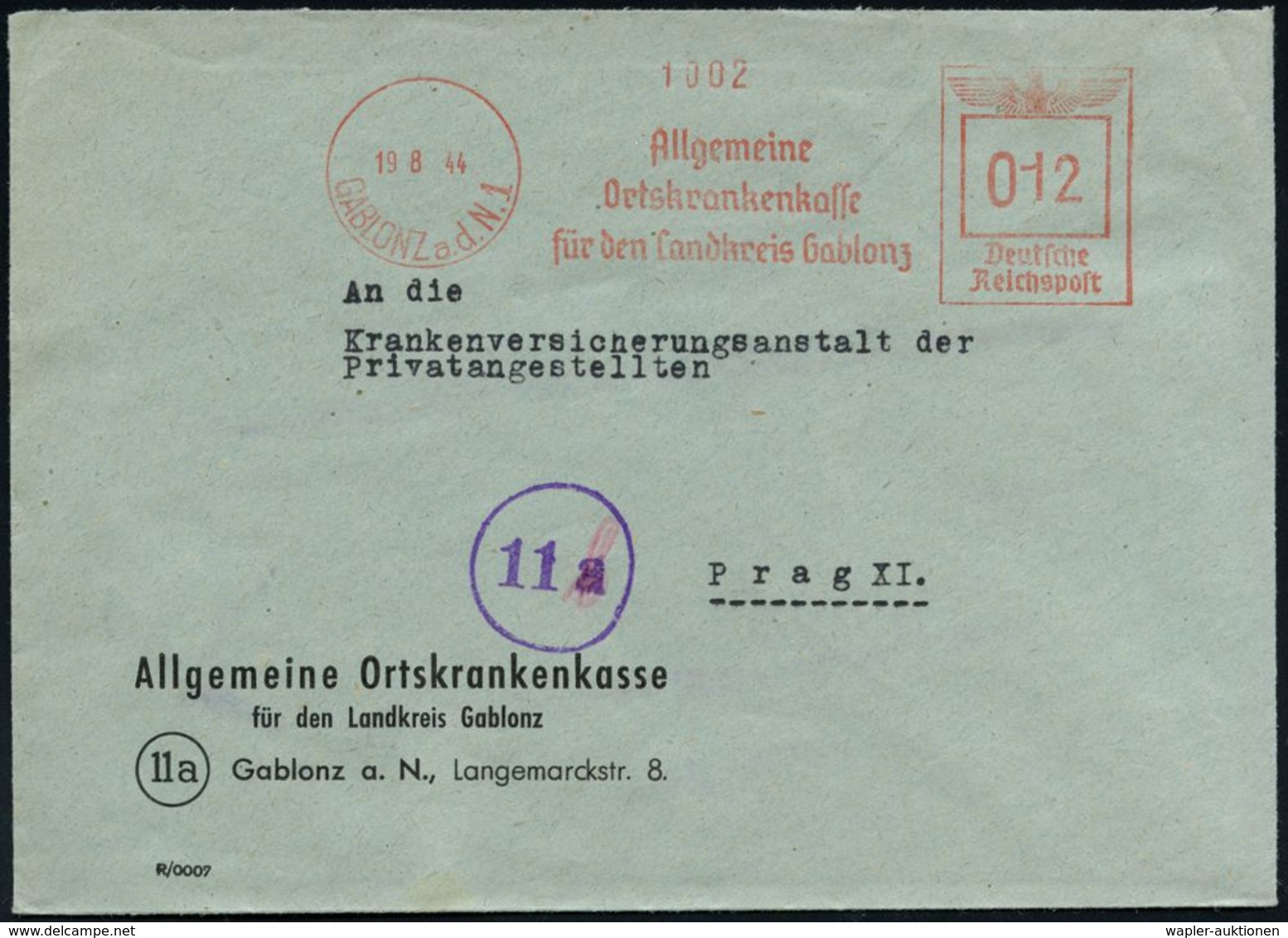 SUDETEN-KRISE & SUDETEN- & C.S.R.-BESETZUNG 1938-39 : GABLONZ A.d.N.1/ Allgem./ Ortskrankenkasse.. 1944 (19.8.) Seltener - Sonstige & Ohne Zuordnung