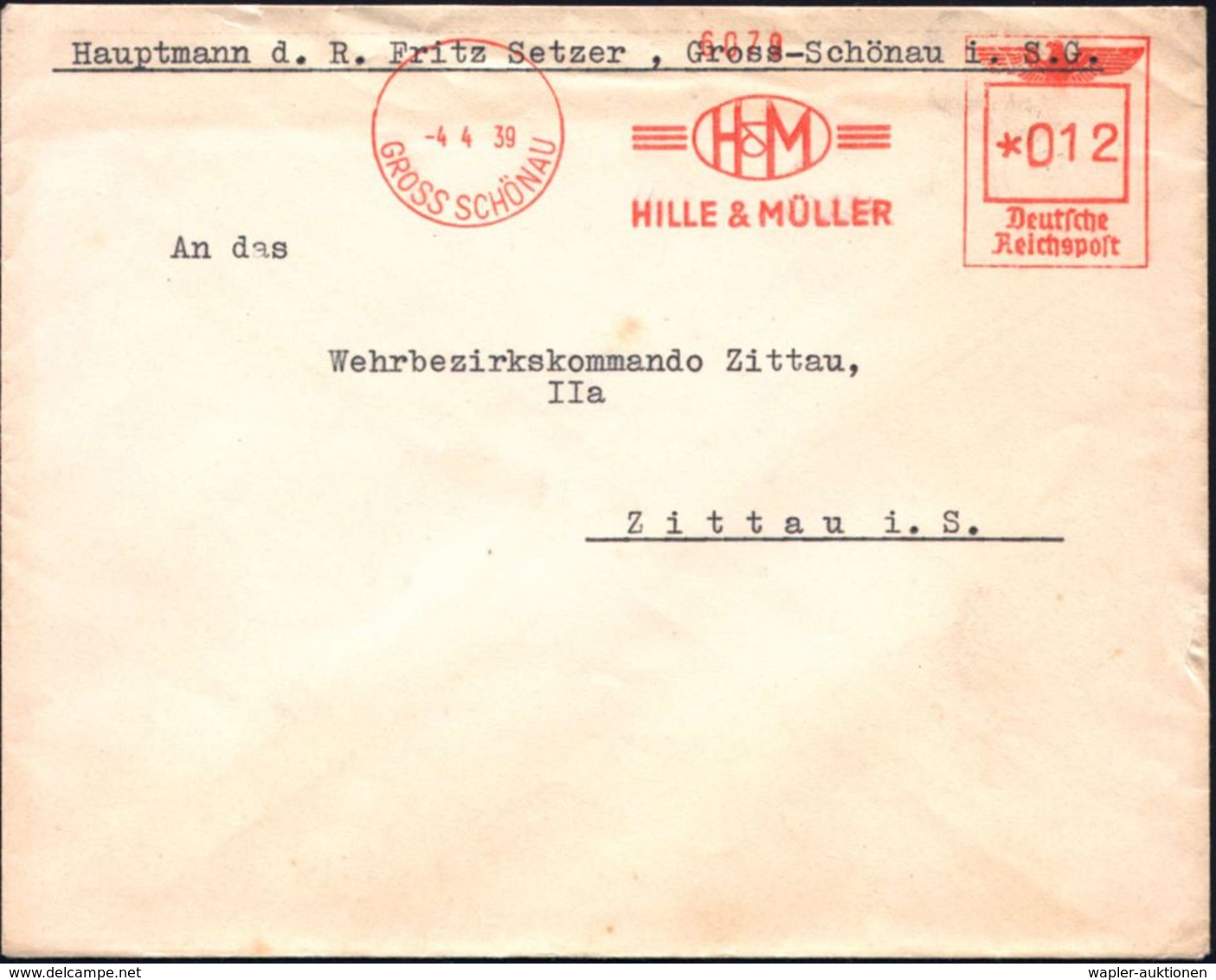 SUDETEN-KRISE & SUDETEN- & C.S.R.-BESETZUNG 1938-39 : GROSS SCHÖNAU/ H&M/ HILLE & MÜLLER 1939 (4.4.) Aptierter Ehem. CSR - Autres & Non Classés