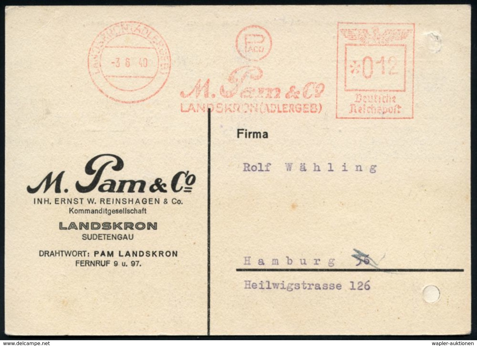 SUDETEN-KRISE & SUDETEN- & C.S.R.-BESETZUNG 1938-39 : LANDSKRON (ADLERGEB)/ M.Pam & Co... 1940 (3.6.) Seltener Aptierter - Sonstige & Ohne Zuordnung