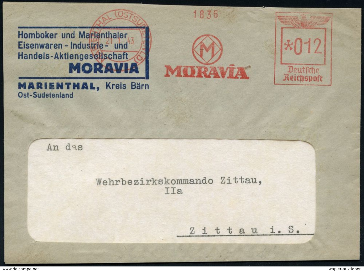 SUDETEN-KRISE & SUDETEN- & C.S.R.-BESETZUNG 1938-39 : MARIENTHAL (OSTSUDETENLAND)/ M/ MORAVIA 1943 (21.1.) Seltener, Ehe - Andere & Zonder Classificatie