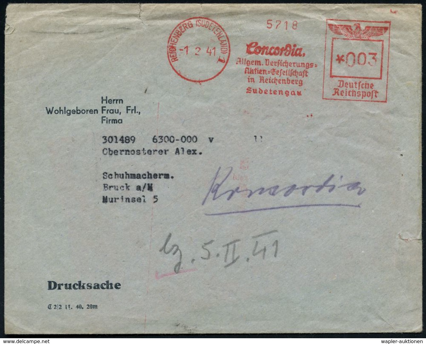 SUDETEN-KRISE & SUDETEN- & C.S.R.-BESETZUNG 1938-39 : REICHENBERG (SUDETENLAND) 1/ Concordia/ Allgem.Versicherungs-/ AG. - Sonstige & Ohne Zuordnung