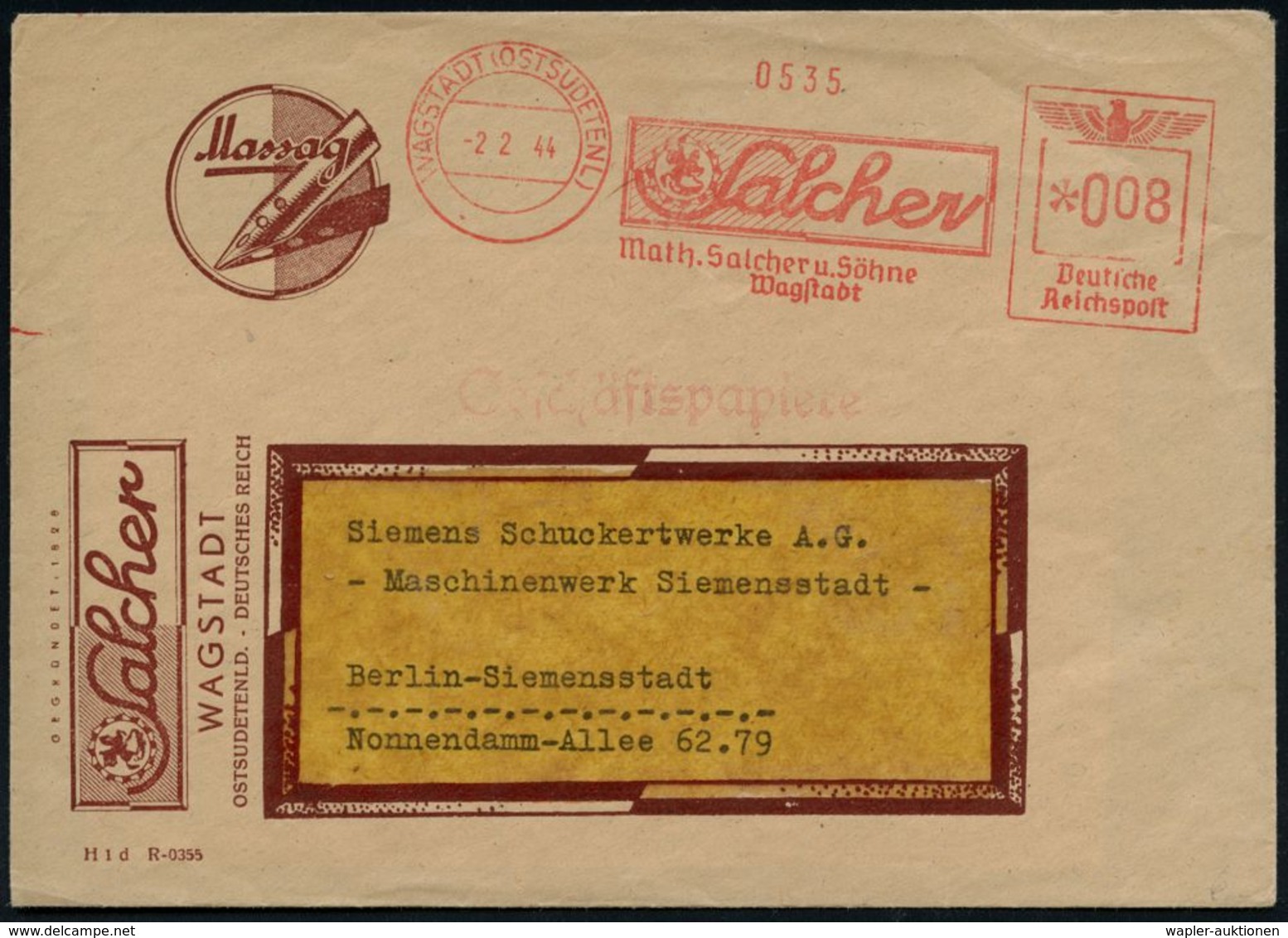 SUDETEN-KRISE & SUDETEN- & C.S.R.-BESETZUNG 1938-39 : WAGSTADT (OSTSUDENTENL)/ Salcher/ Math.Salcher U.Söhne 1944 (2.2.) - Other & Unclassified