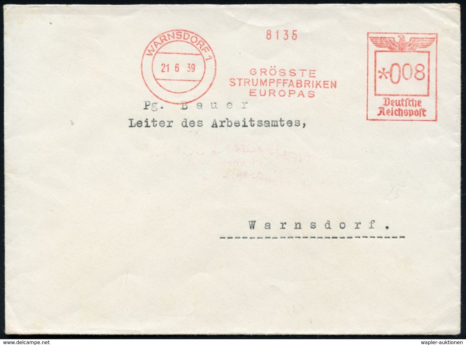 SUDETEN-KRISE & SUDETEN- & C.S.R.-BESETZUNG 1938-39 : WARNSDORF 1/ GRÖSSTE/ STUMPFFABRIKEN/ EUROPAS 1939 (21.6.) Aptiert - Other & Unclassified