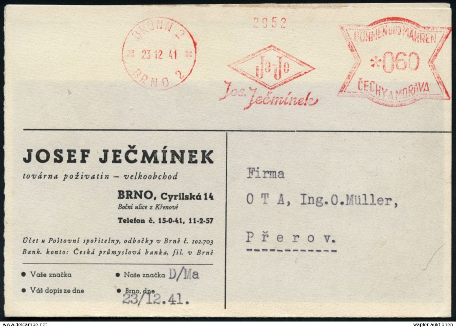 CSR-BESETZUNG 1939 : BÖHMEN & MÄHREN 1941 (23.12.) AFS Francotyp Zweisprachig:  BRÜNN 2/ BRNO 2/Jo-Je/Josef/Jecminek (Ra - Other & Unclassified