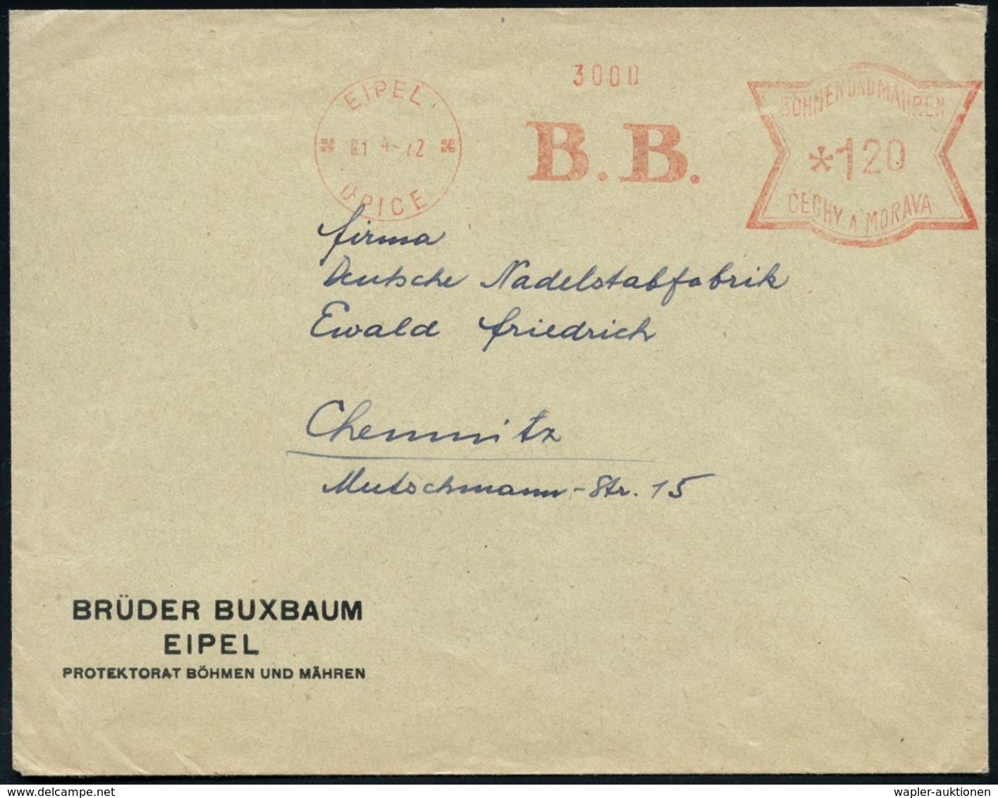 CSR-BESETZUNG 1939 : BÖHMEN & MÄHREN 1942 (1.4.) AFS Francotyp Zweisprachig: EIPEL/UPICE/B.B. Auf Firmen-Bf.: BRÜDER BUX - Other & Unclassified