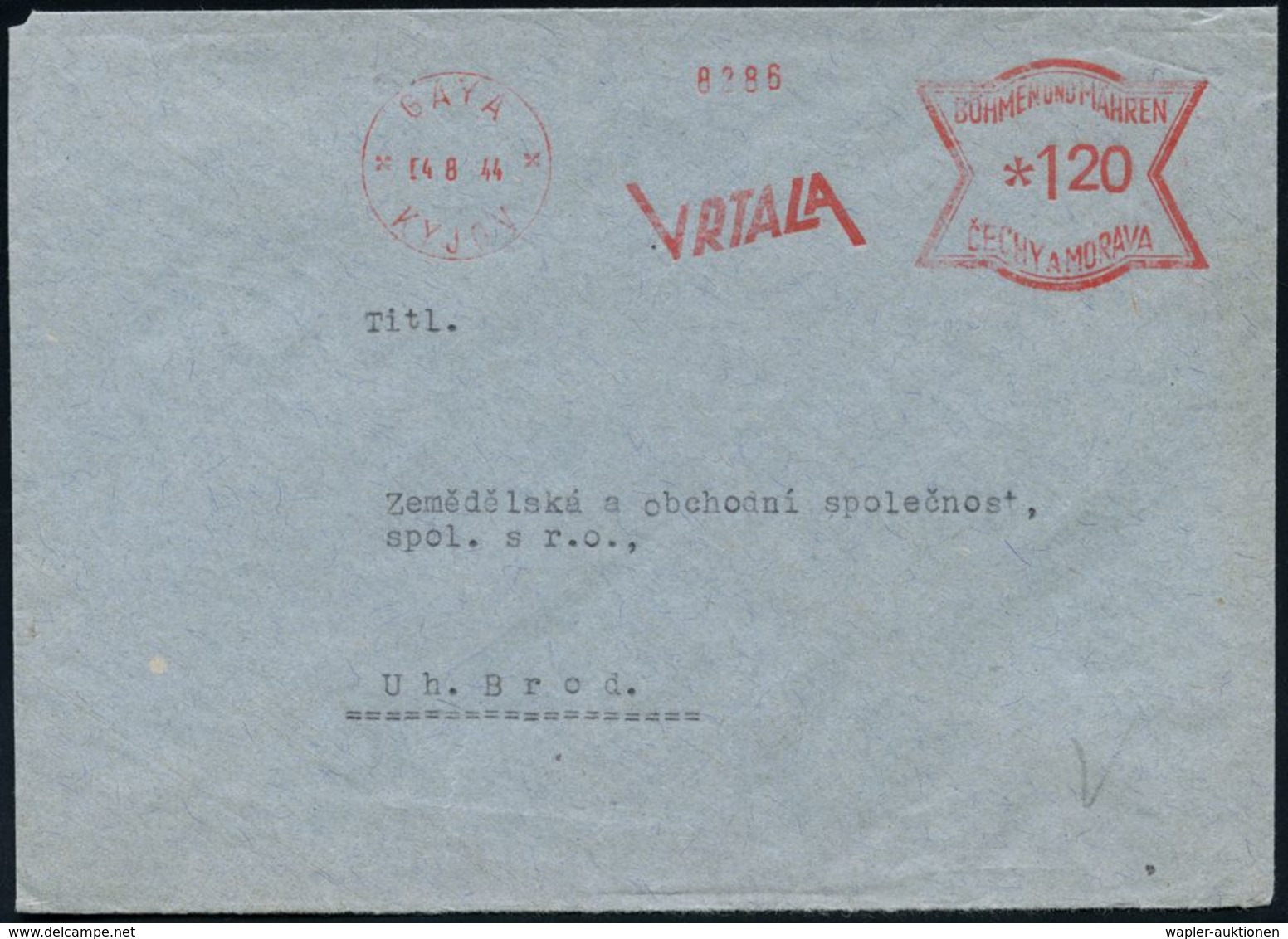 CSR-BESETZUNG 1939 : BÖHMEN & MÄHREN 1944 (4.8.) AFS Francotyp Zweisprachig: GAYA/KYJOV/VRTALA , Seltener Inl.-Bf. (Fran - Autres & Non Classés