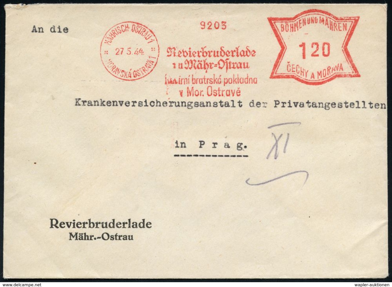 CSR-BESETZUNG 1939 : BÖHMEN & MÄHREN 1944 (27.5.) AFS Francotyp Zweisprachig: MÄHRISCH OSTRAU 1/ MORAVSKA OSTRAVA 1/ Rev - Sonstige & Ohne Zuordnung