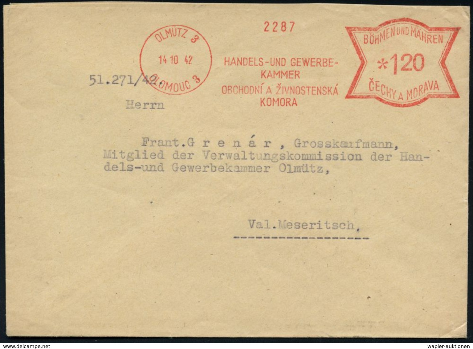 CSR-BESETZUNG 1939 : BÖHMEN & MÄHREN 1942 (14.10./7.11.) AFS Francotyp Zweisprachig: OLMÜTZ 3/ OLOMUC 3/HANDELS- U./ GEW - Sonstige & Ohne Zuordnung