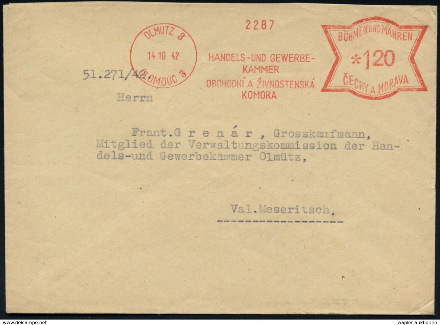 CSR-BESETZUNG 1939 : BÖHMEN & MÄHREN 1942 (14.10./7.11.) AFS Francotyp Zweisprachig: OLMÜTZ 3/ OLOMUC 3/HANDELS- U./ GEW - Autres & Non Classés
