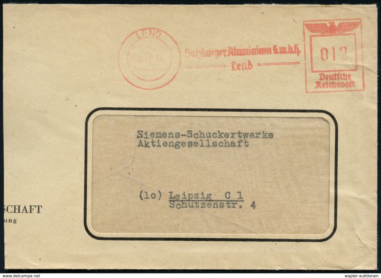 RÜSTUNGSINDUSTRIE  / MUNITION : LEND/ Salzburger Aluminium GmbH/ Lend 1944 (2.11.) Seltener AFS Auf Teil-Bf. (Dü.E-5CGo) - Autres & Non Classés