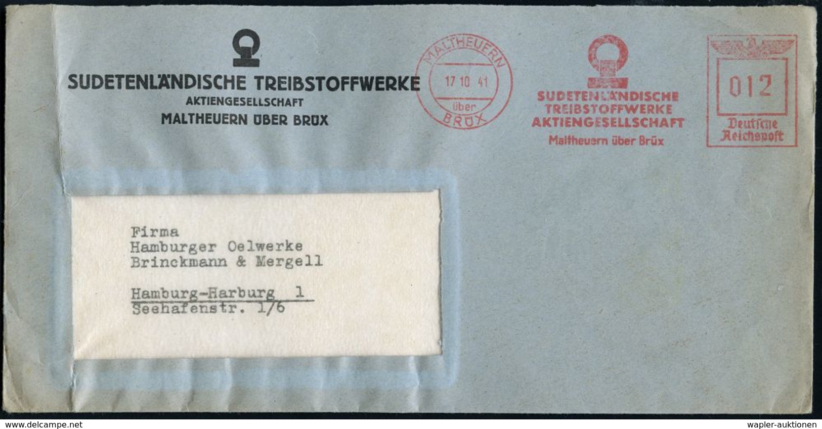 RÜSTUNGSINDUSTRIE  / MUNITION : MALTHEUERN/ über/ BRÜX/ SUDETENLÄNDISCHE/ TREIBSTOFFWERKE/ AG.. 1941 (17.10.) Seltener A - Sonstige & Ohne Zuordnung