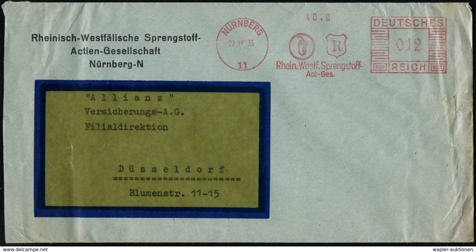 RÜSTUNGSINDUSTRIE  / MUNITION : NÜRNBERG/ 11/ Rhein.Westf.Sprengstoff-/ Act.-Ges. 1935 (22.11.) AFS (Monogr.- U. Eichel- - Altri & Non Classificati