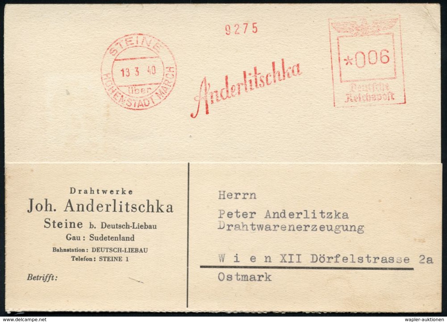 RÜSTUNGSINDUSTRIE  / MUNITION : STEINE/ über/ HOHENSTADT MARCH/ Anderlitschka 1940 (13.3.) Seltener Ehem. CSR-AFS Mit Kl - Autres & Non Classés