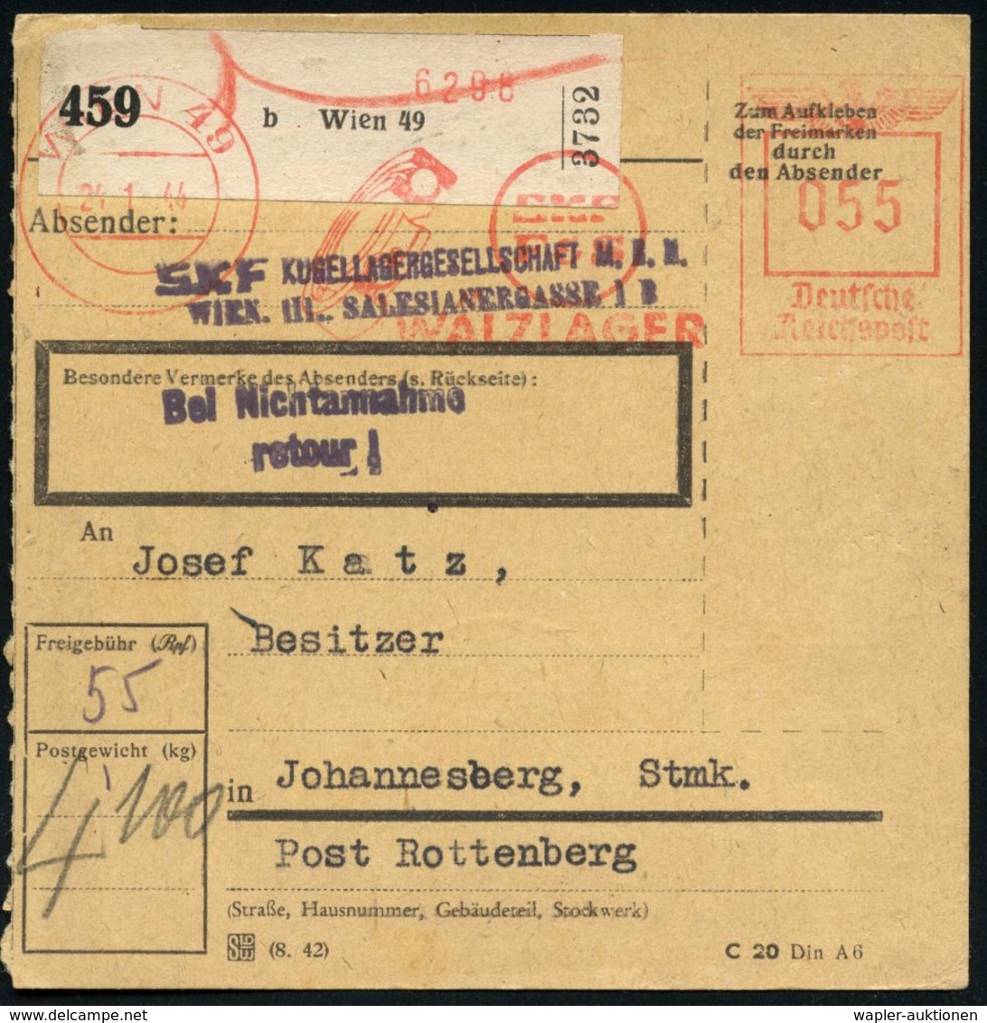 RÜSTUNGSINDUSTRIE  / MUNITION : WIEN 49/ SKF/ WALZLAGER 1944 (21.1.) AFS 055 Pf. = Firmenlogo: Walzlager (= Schwed. Rüst - Autres & Non Classés