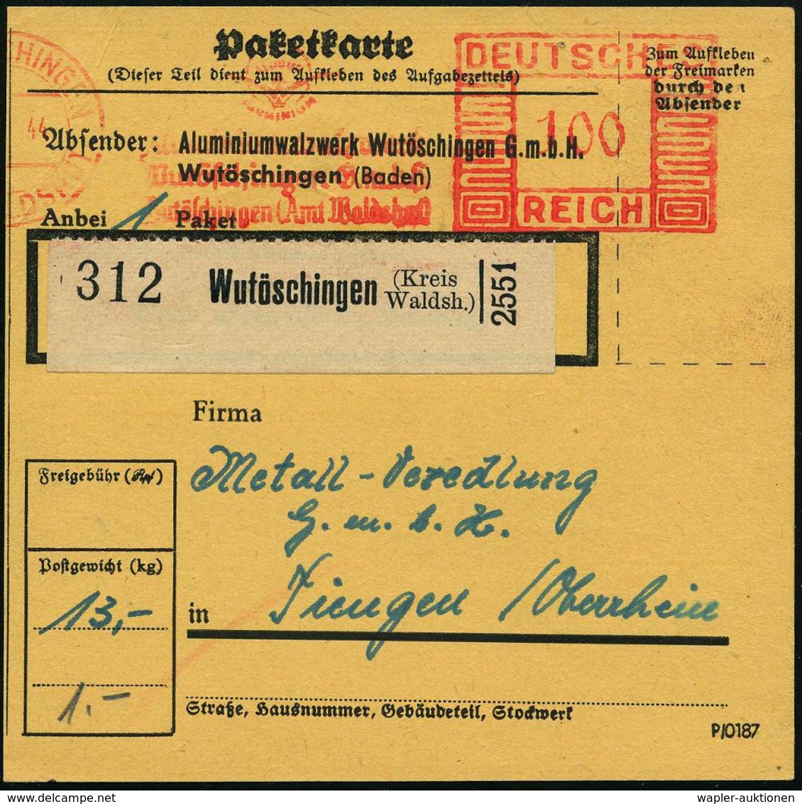 RÜSTUNGSINDUSTRIE  / MUNITION : WUTÖSCHINGEN/ (AMT WALDSHUT)/ Aluminiumwalzwerk/ Wutöschingen.. 1944 (25.5.) Seltener AF - Autres & Non Classés