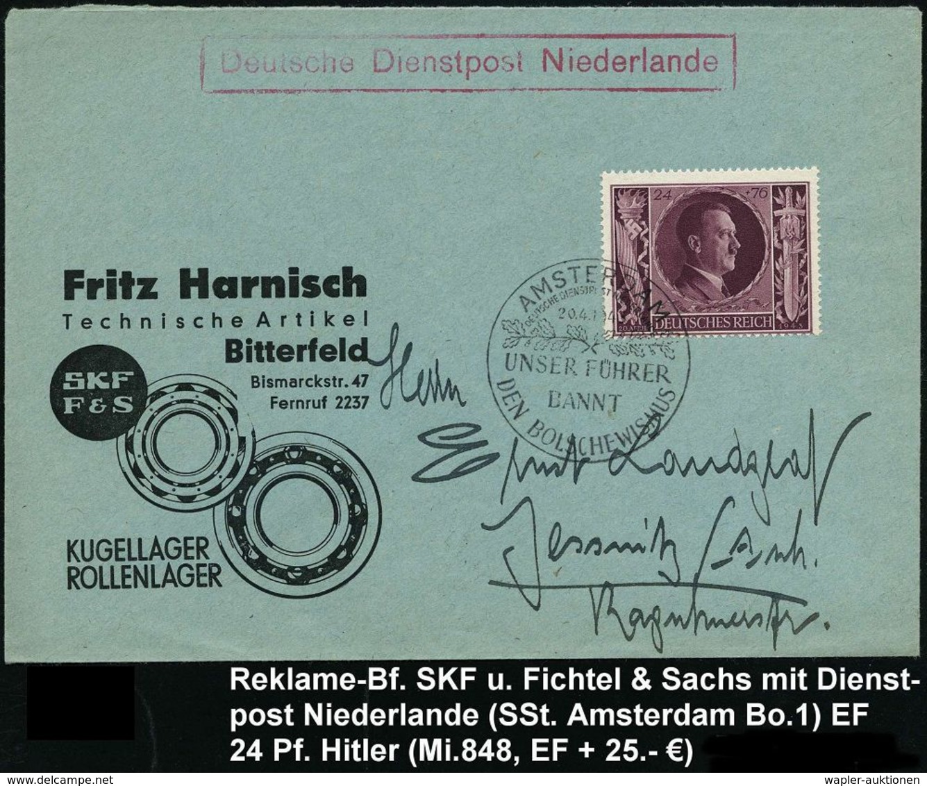 RÜSTUNGSINDUSTRIE  / MUNITION : DT.BES.NIEDERLANDE 1943 (20.4.) SSt: AMSTERDAM/DEUTSCHE DIENSTPOST NIEDERLANDE/ UNSER FÜ - Autres & Non Classés