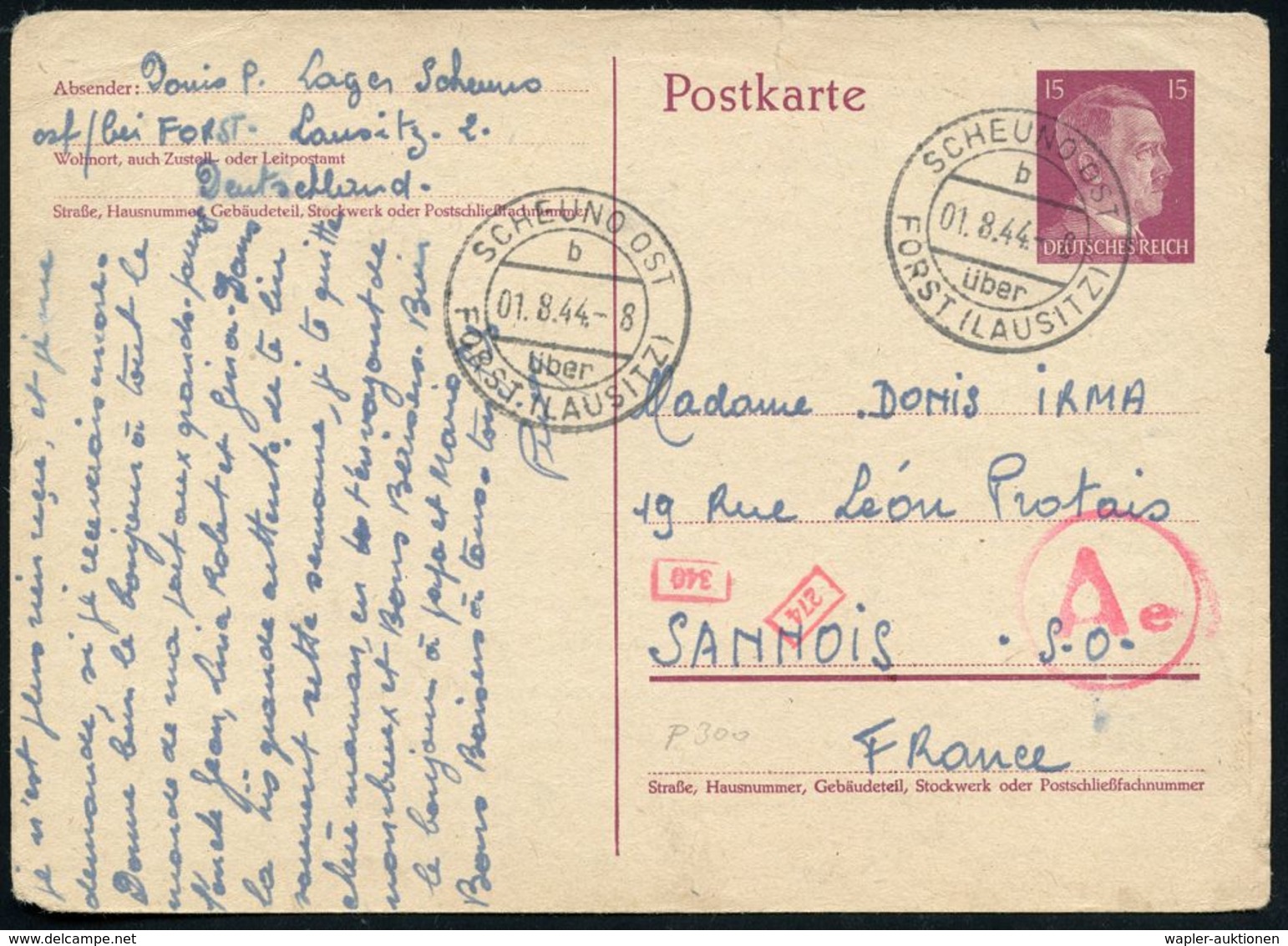 ZWANGSARBEIT / LAGER : SCHEUNO OST/ B/ über/ FORST (LAUSITZ) 1944 (1.8.) 2K-Steg = PSt.I + Roter OKW-Zensur-1K: A E = Ff - Autres & Non Classés