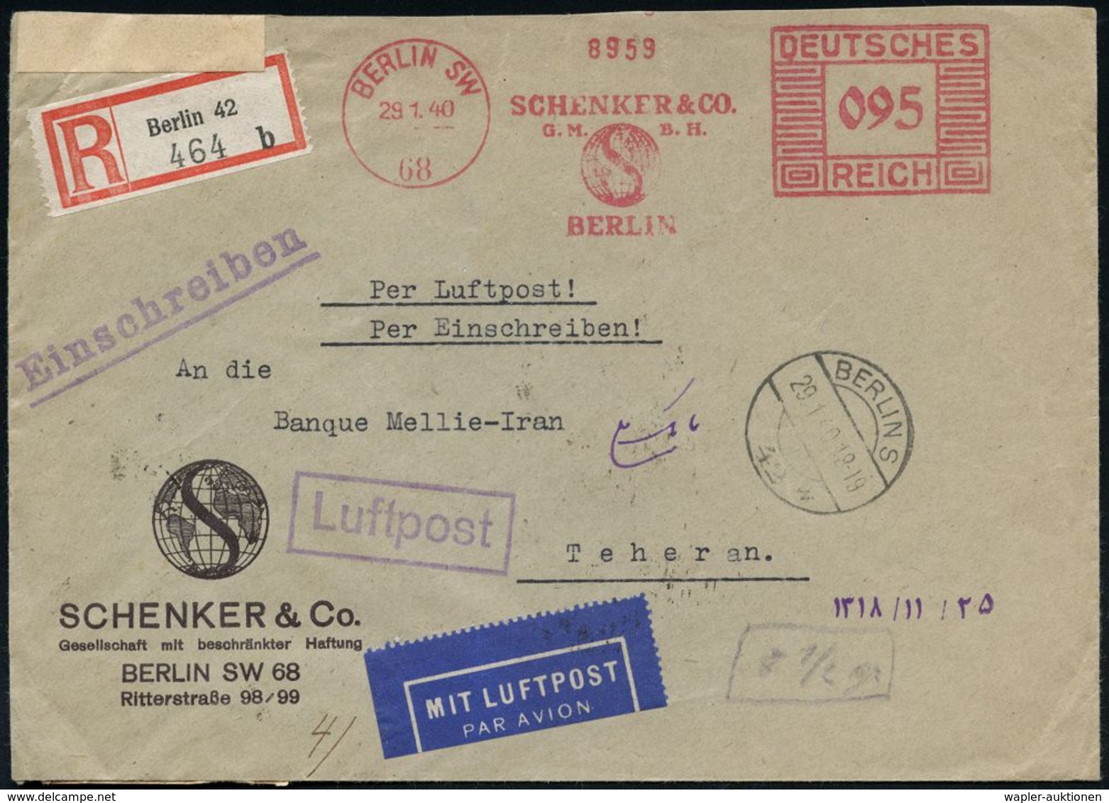 II. WELTKRIEG (1939 - 1945) : BERLIN SW/ 68/ SCHENKER & CO./ GMBH.. 1940 (29.1.) AFS 095 Pf. + RZ: Berlin 42/b + Rs. OKW - Guerre Mondiale (Seconde)