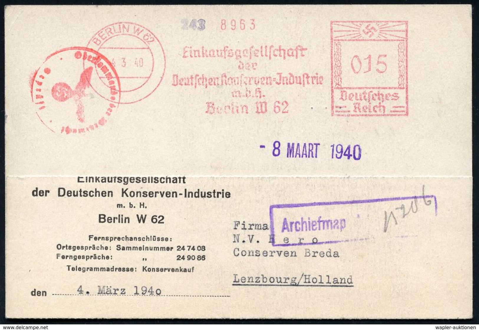 II. WELTKRIEG (1939 - 1945) : BERLIN W 62/ Einkaufsgesellschaft/ Der/ Deutschen Konserven-Jndustrie.. 1940 (4.3.) AFS 01 - Guerre Mondiale (Seconde)