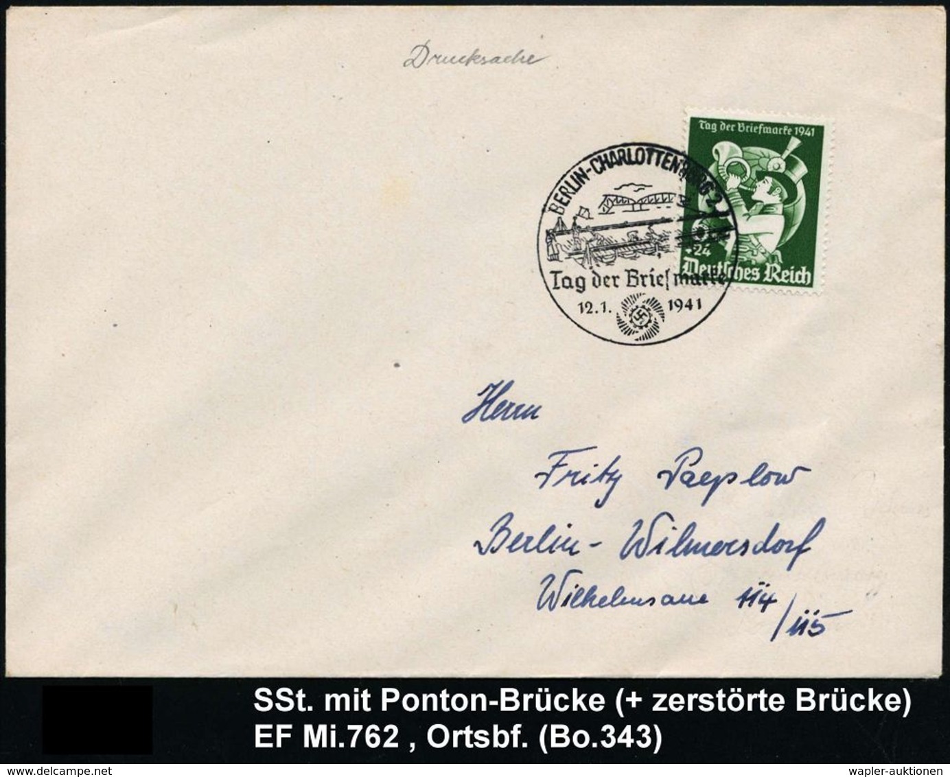 II. WELTKRIEG (1939 - 1945) : BERLIN-CHARLOTTENBURG 2/ Tag D.Briefmarke 1941 (12.1.) SSt = Zerstörte Brücke, Ponton-Brüc - Guerre Mondiale (Seconde)