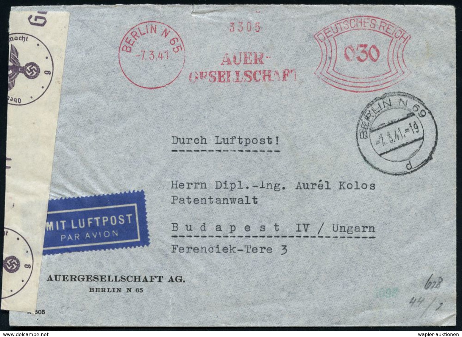 II. WELTKRIEG (1939 - 1945) : BERLIN N 65/ AUER/ GESELLSCHAFT 1941 (7.3.) AFS30 Pf. + 2K-Steg: BERLIN N 69/d + OKW-Zesur - WW2