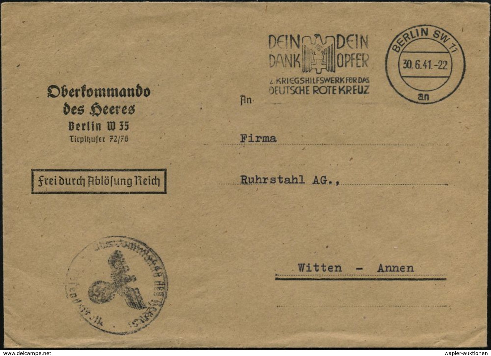 II. WELTKRIEG (1939 - 1945) : BERLIN SW11/ An/ ..2.KRIEGSWHW FÜR DAS/ DEUTSCHE ROTE KREUZ 1941 (30.6.) MWSt (RK-Logo) Di - Seconda Guerra Mondiale