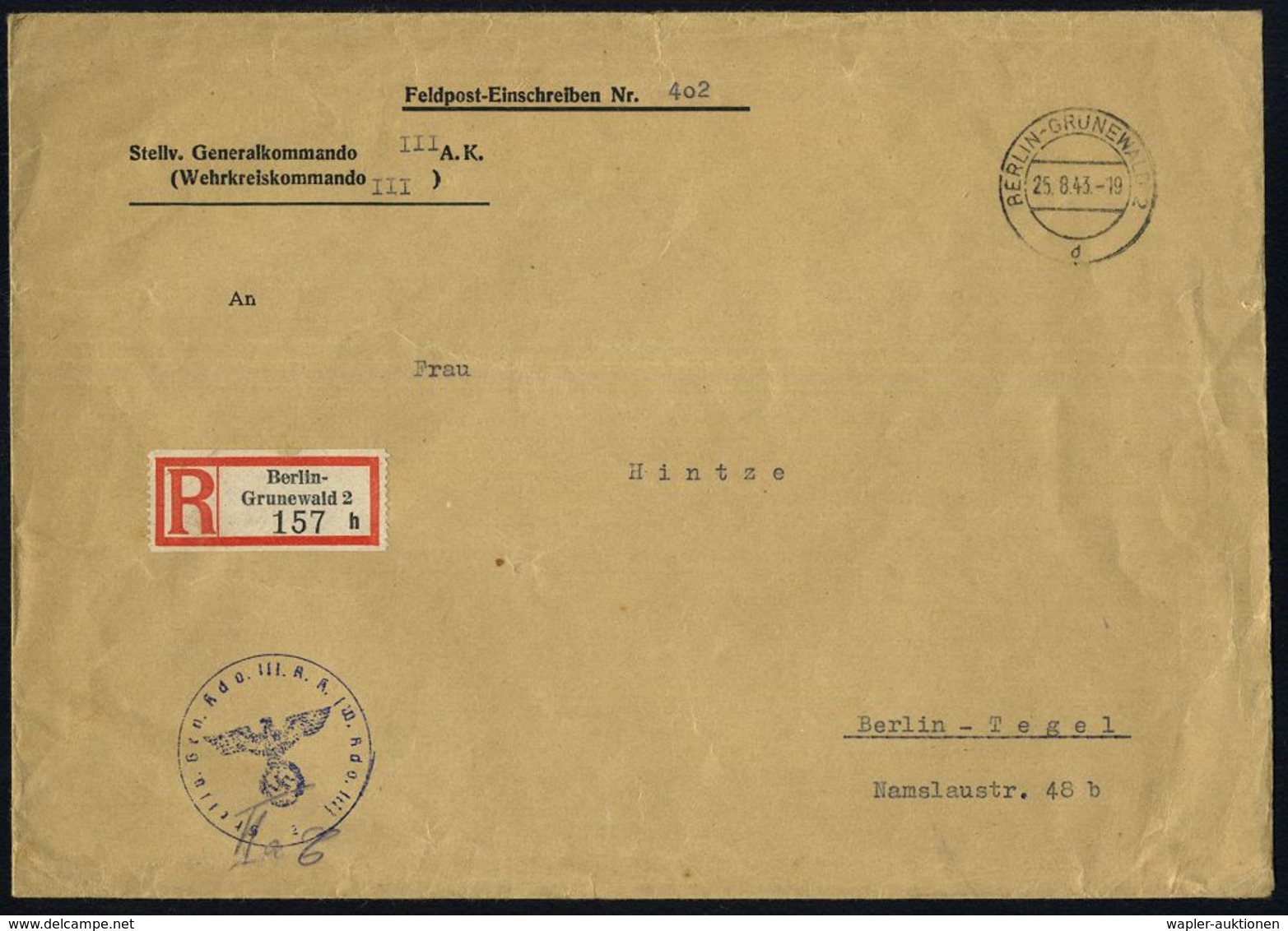 II. WELTKRIEG (1939 - 1945) : BERLIN-GRUNEWALD 2/ D 1943 (25.8.) 2K-Steg + RZ: Berlin-/Grunewald 2/h + Viol. 1K-HdN: Ste - 2. Weltkrieg