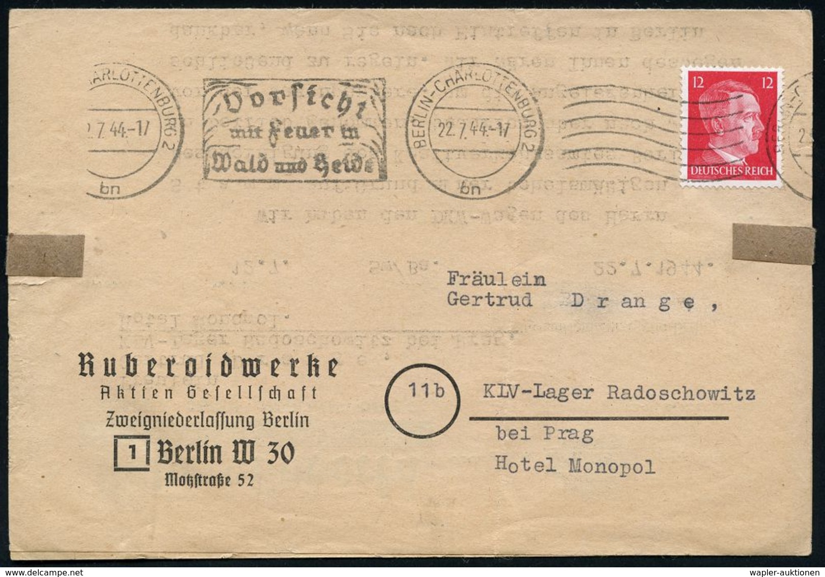 II. WELTKRIEG (1939 - 1945) : BERLIN-CHARLOTTENBURG 2/ Bn/ Vorsicht/ Mit Feuer In/ Wald U.Heide 1944 (22.7.) Bd.MWSt + 6 - WW2