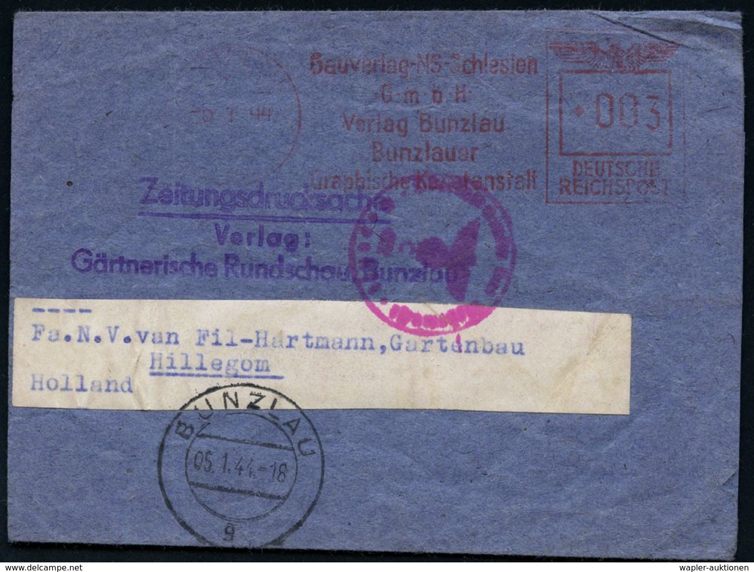 II. WELTKRIEG (1939 - 1945) : BUNZLAU/ Gauverlag NS-Schlesien.. 1944 (5.1.) AFS 003 Pf. + Viol. Abs.-3L: Zeitungsdrucksa - WW2