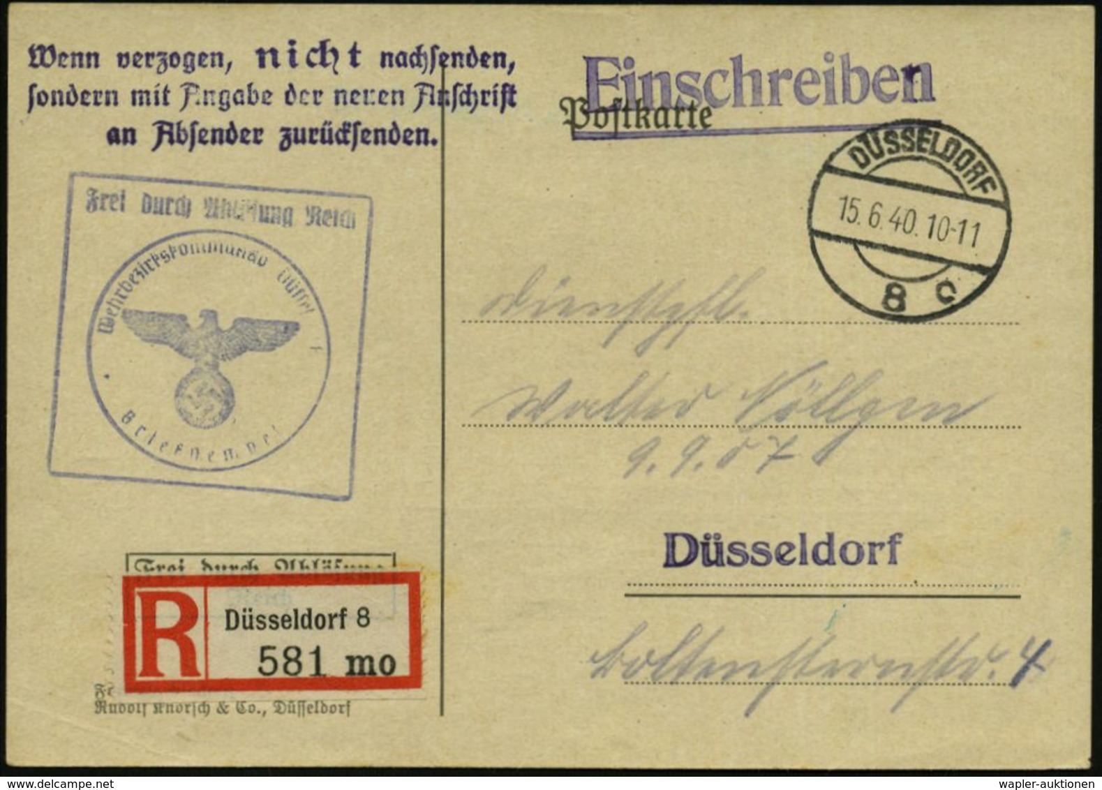 II. WELTKRIEG (1939 - 1945) : DÜSSELDORF/ 8/ C 1940 (15.6.) 1K-Brücke + Selbstbucher-RZ: Düsseldorf 8/ M O = Wehrbezirks - 2. Weltkrieg