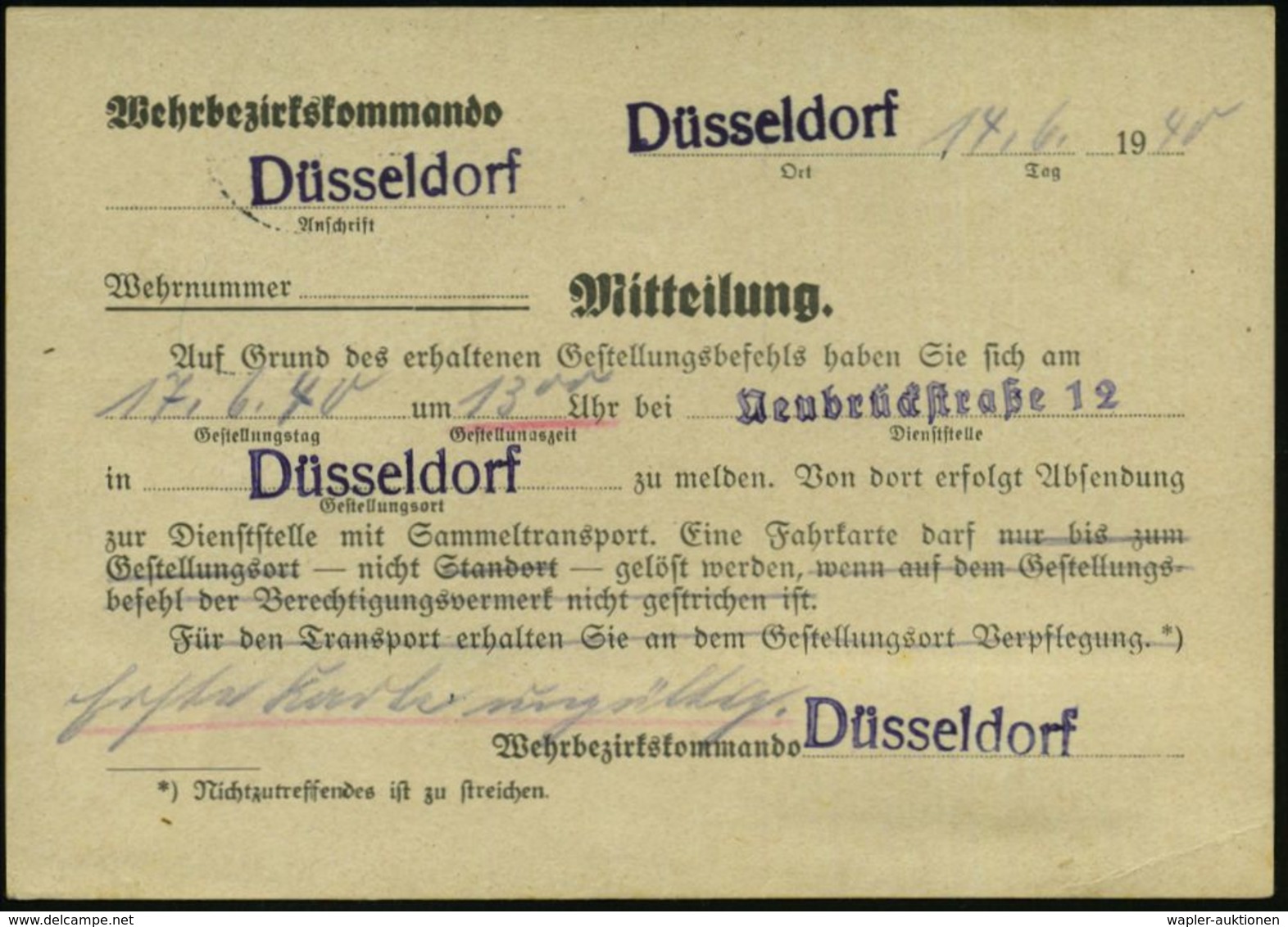 II. WELTKRIEG (1939 - 1945) : DÜSSELDORF/ 8/ C 1940 (15.6.) 1K-Brücke + Selbstbucher-RZ: Düsseldorf 8/ M O = Wehrbezirks - Guerre Mondiale (Seconde)