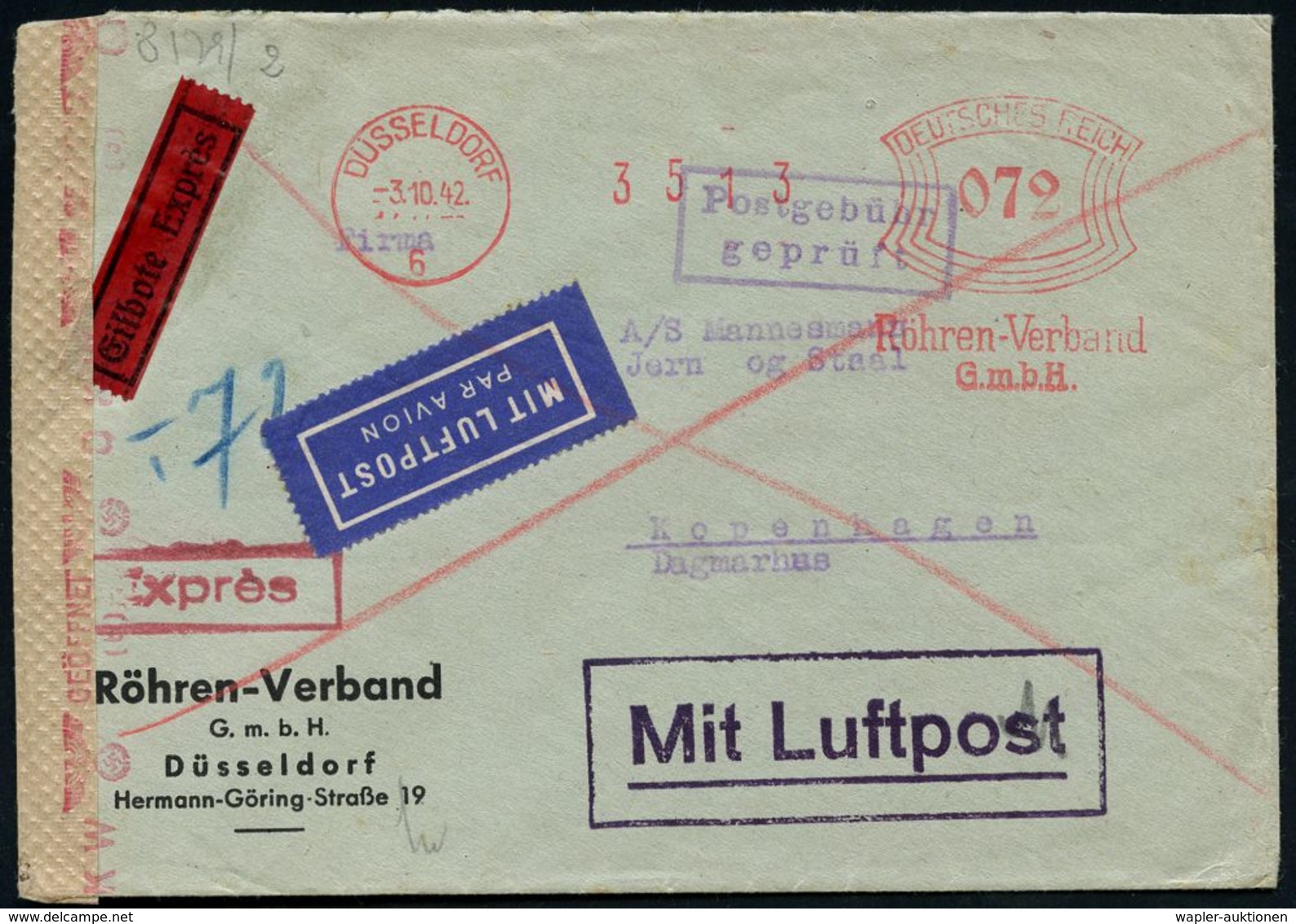 II. WELTKRIEG (1939 - 1945) : DÜSSELDORF/ 6/ Röhren-Verband/ GmbH 1942 (3.10.) AFS 072 Pf. + Viol. Ra.2: Postgebühr/ Gep - 2. Weltkrieg