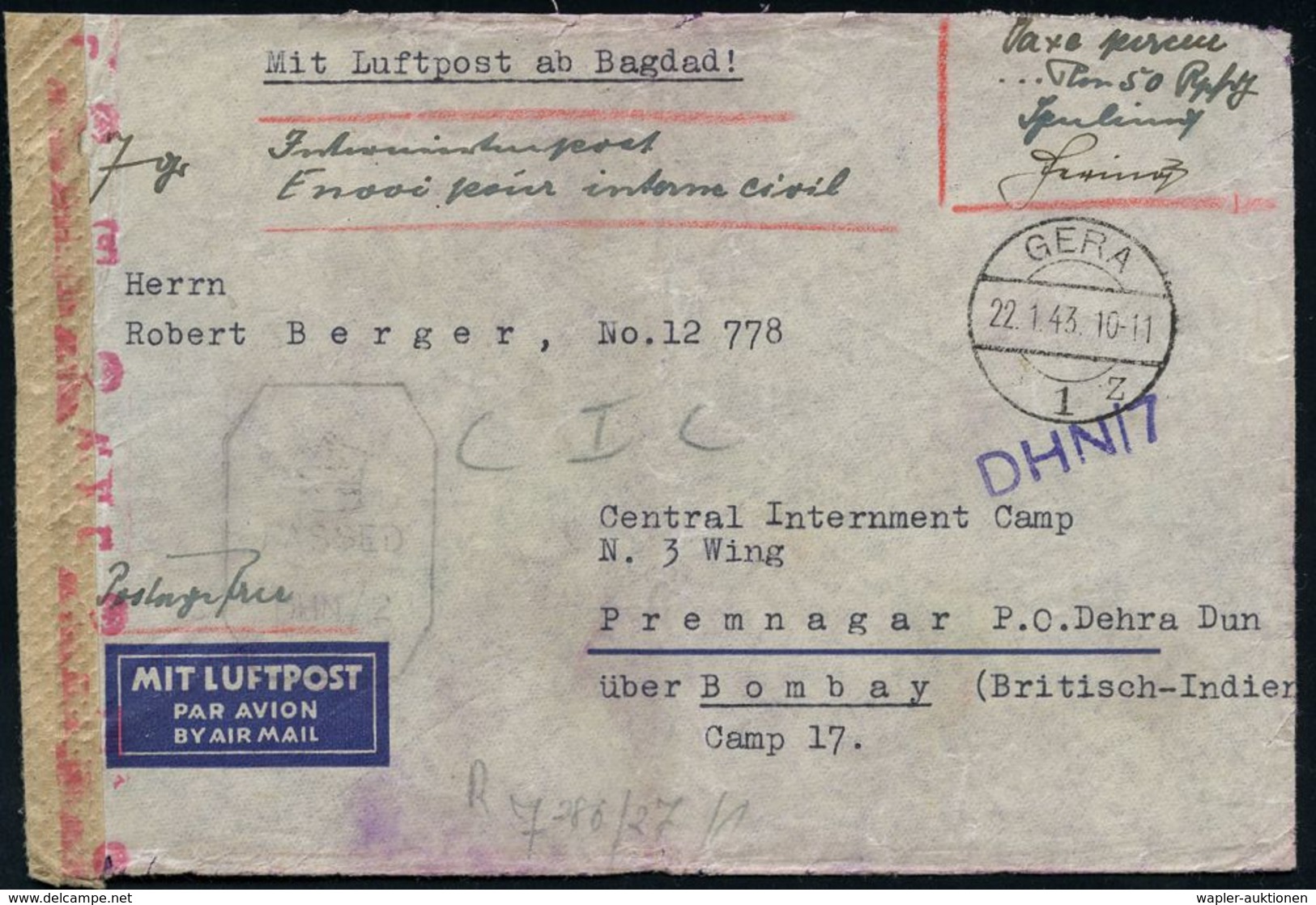 II. WELTKRIEG (1939 - 1945) : GERA/ 1/ Z 1943 (22.1.) 1K-Brücke + Hs. Vermerk: "Taxe Percue 50 RPf." + 2x Postmeister-Si - Guerre Mondiale (Seconde)