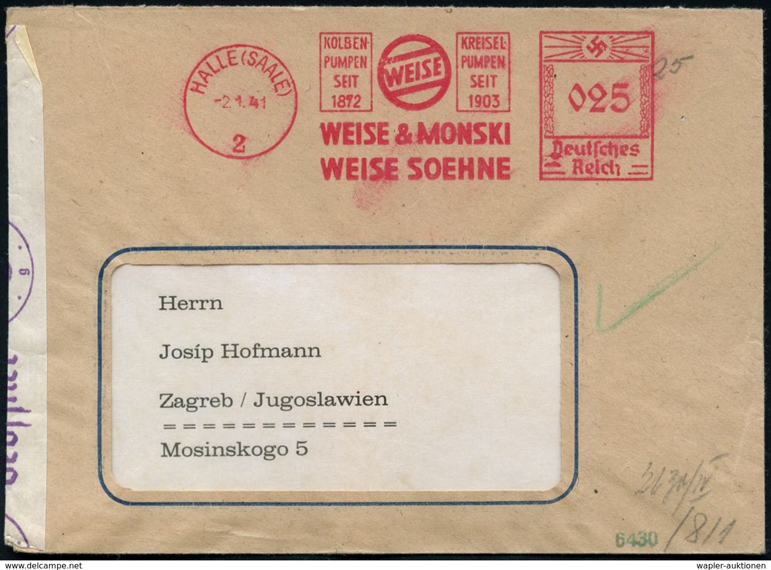 II. WELTKRIEG (1939 - 1945) : HALLE (SAALE)/ 2/ KOLBEN/ PUMPEN/ SEIT 1872/ WEISE/ KREISEL/ PUMPEN/ SEIT 1903/ WEISE & MO - Seconda Guerra Mondiale