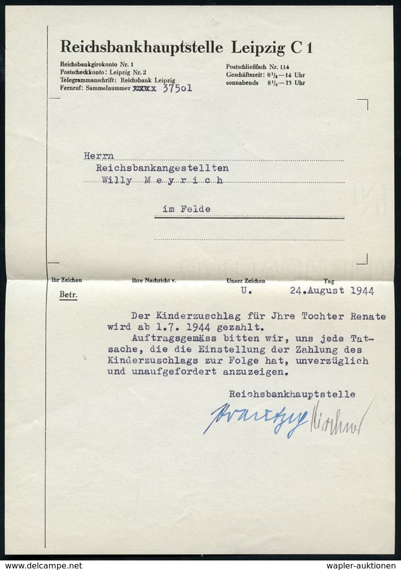 II. WELTKRIEG (1939 - 1945) : LEIPZIG/ C1/ Reichsbank/ Leipzig 1944 (25.8.) AFS 012 Pf. Auf Frankiertem Feldpost-Bf. Mit - Guerre Mondiale (Seconde)