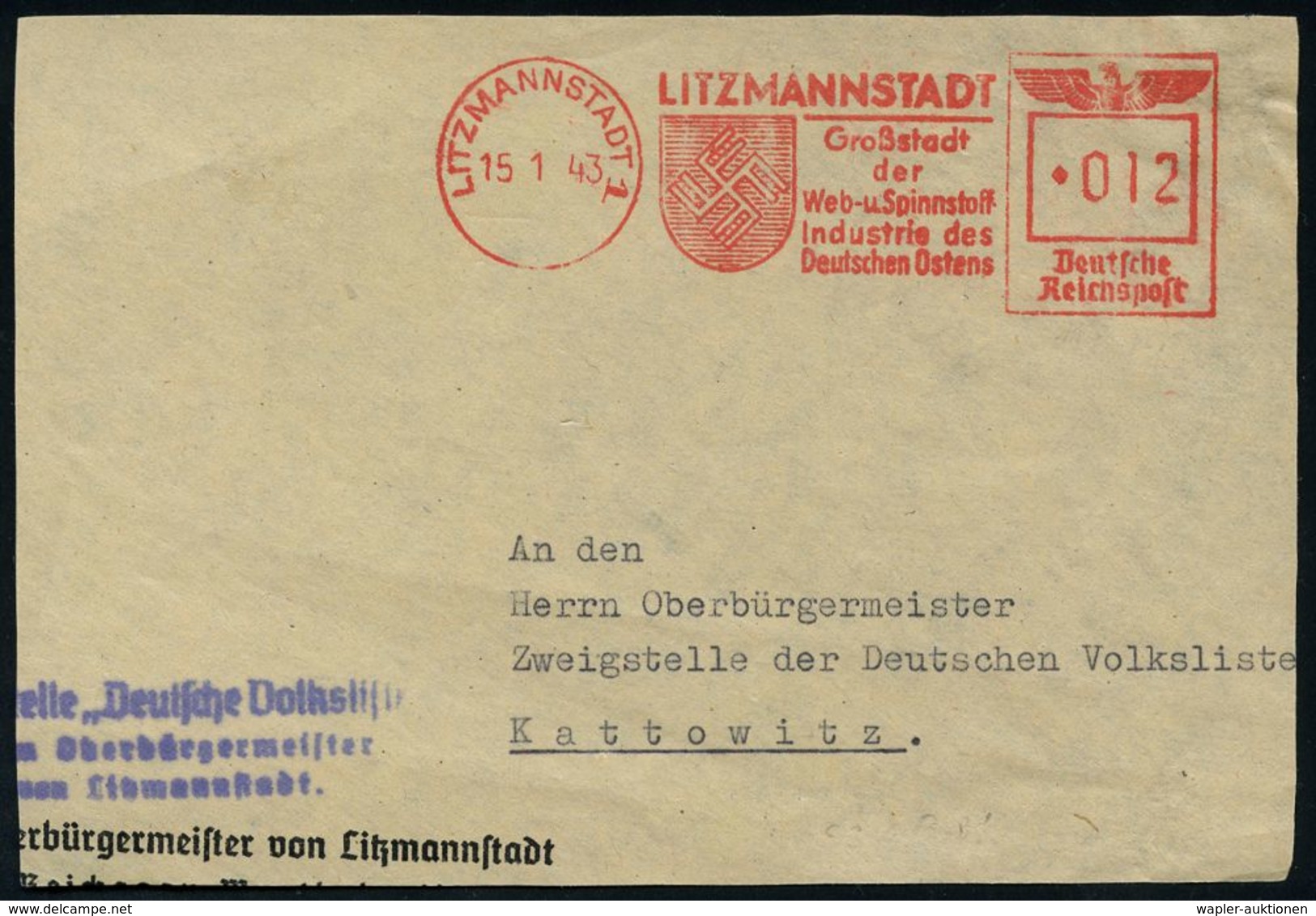 II. WELTKRIEG (1939 - 1945) : LITZMANNSTADT 1/ Großstadt/ Der/ Web-u.Spinnstoff-/ Industrie Des/ Deutschen Ostens 1943 ( - Guerre Mondiale (Seconde)