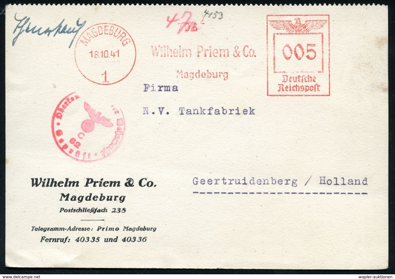 II. WELTKRIEG (1939 - 1945) : MAGDEBURG 1/ Wilhelm Priem & Co.. 1941 (18.10.) AFS 005 Pf. + Roter OKW-Zensur-1K: Geprüft - WW2