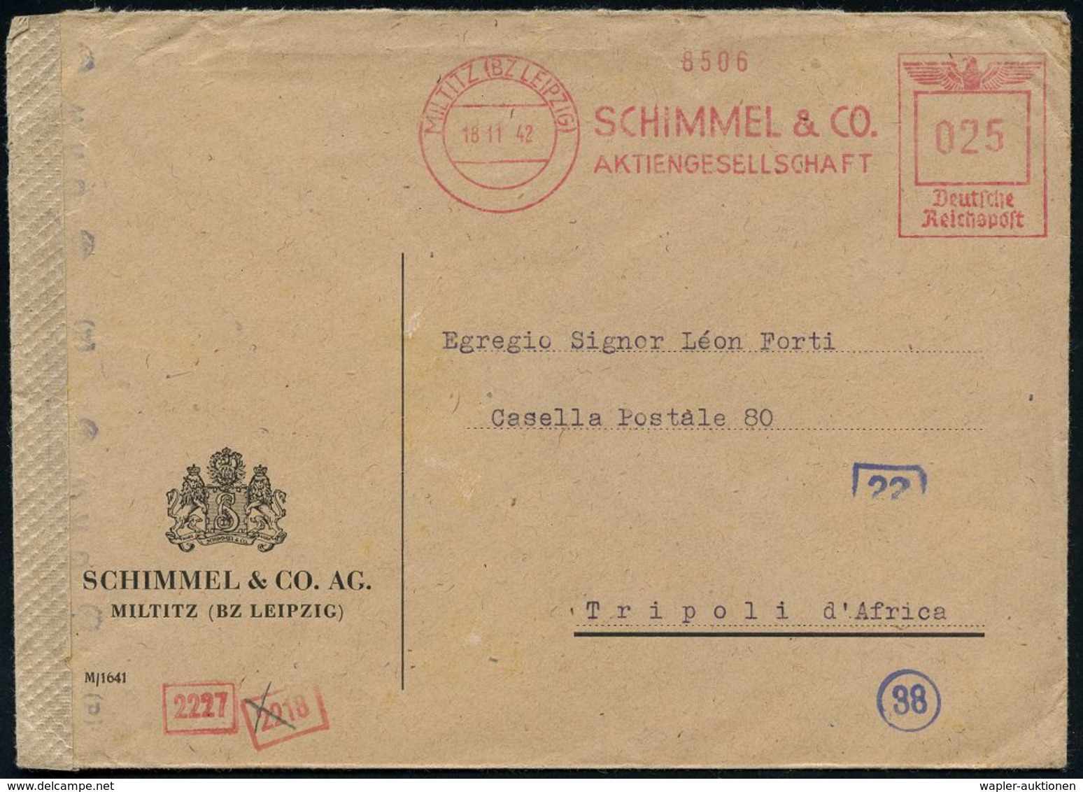 II. WELTKRIEG (1939 - 1945) : MILTITZ (BZ LEIPZIG)/ SCHIMMEL & CO/ AG 1942 (18.11.) AFS 025 Pf. = Firma Für Aetherische  - Guerre Mondiale (Seconde)