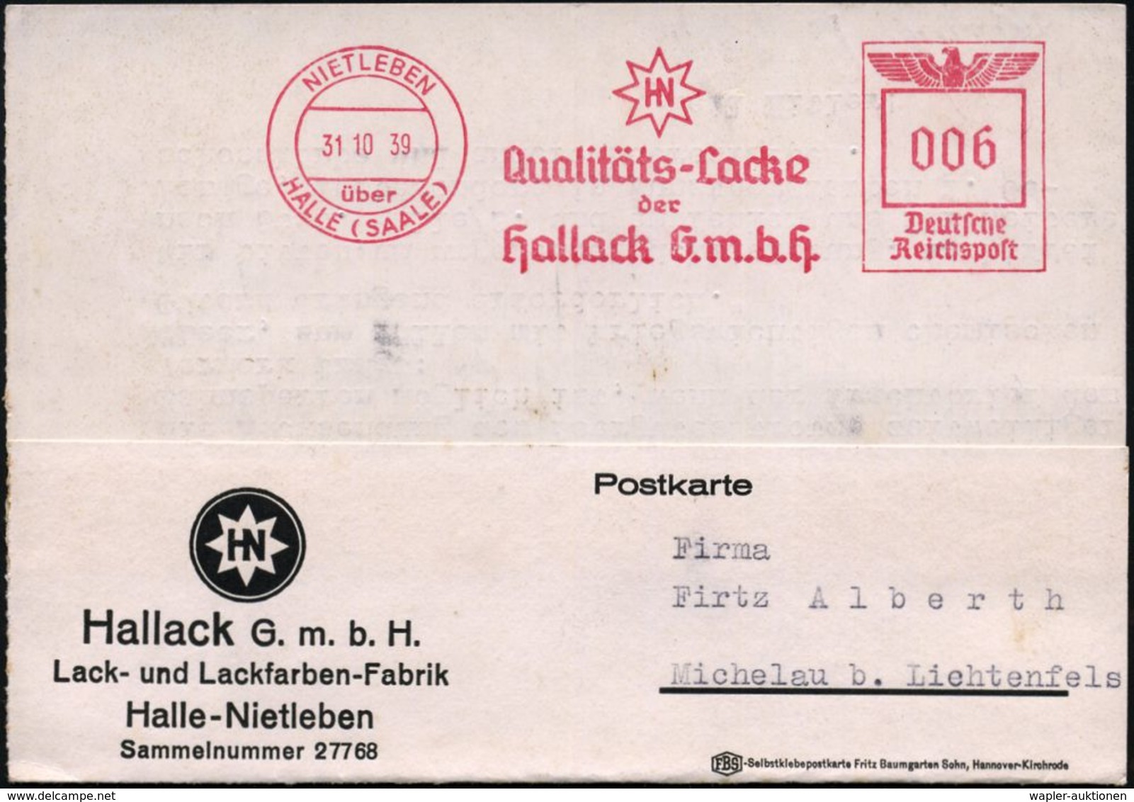 II. WELTKRIEG (1939 - 1945) : NIETLEBEN/ über/ HALLE (SAALE)/ HN/ Qualitäts-Lacke/ Der/ Hallack GmbH 1939 (31.10.) AFS,  - 2. Weltkrieg