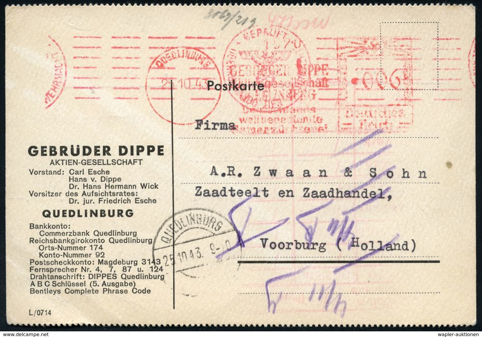 II. WELTKRIEG (1939 - 1945) : QUEDLINBURG/ GEBRÜDER DIPPE/ AG.. 1943 (25.10.) AFS 006 Pf. + Roter OKW-Zensur-1K: GEPRÜFT - 2. Weltkrieg